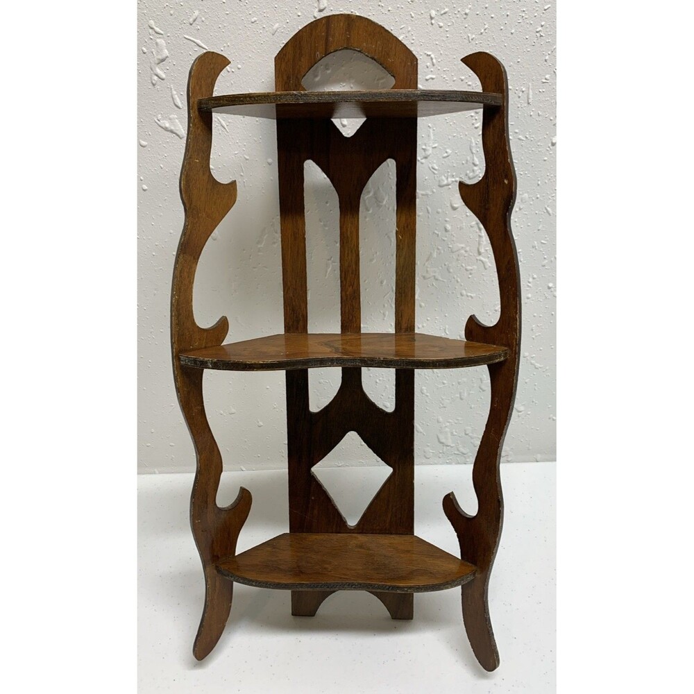 Vintage Wood Cut Out MCM Wall Shelf 3 Tier Figurine Antique Trinket